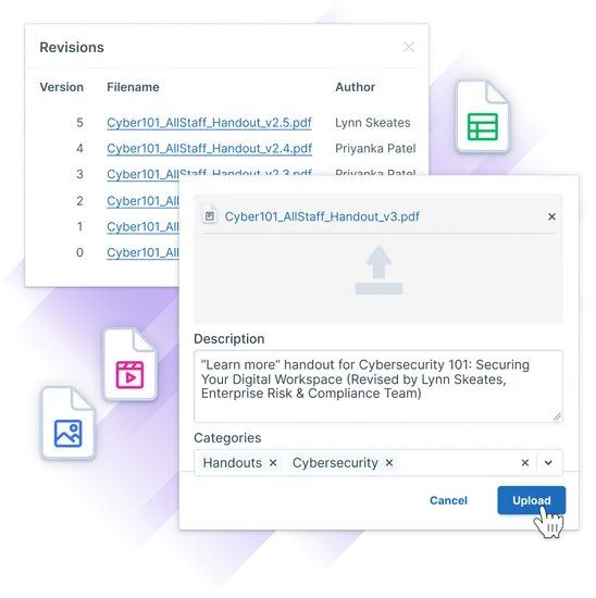 Administrate document management screens: a revisions list for a cybersecurity handout and an upload dialog with a description and categories, surrounded by file icons.