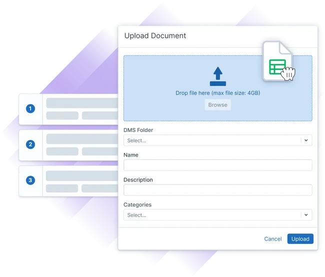 Administrate Upload Document dialog with a spreadsheet being dragged into the drop zone, beside a numbered list of steps.
