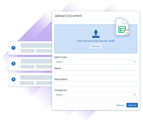 Administrate Upload Document dialog with a spreadsheet being dragged into the drop zone, beside a numbered list of steps.