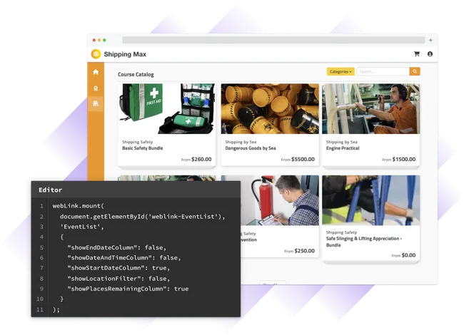 A WebLink course catalog embedded on a training website, with the code editor showing the JavaScript that mounts it.