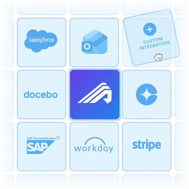 Administrate logo in the center of a grid of the tools it connects to, such as Salesforce, Outlook, and Docebo.