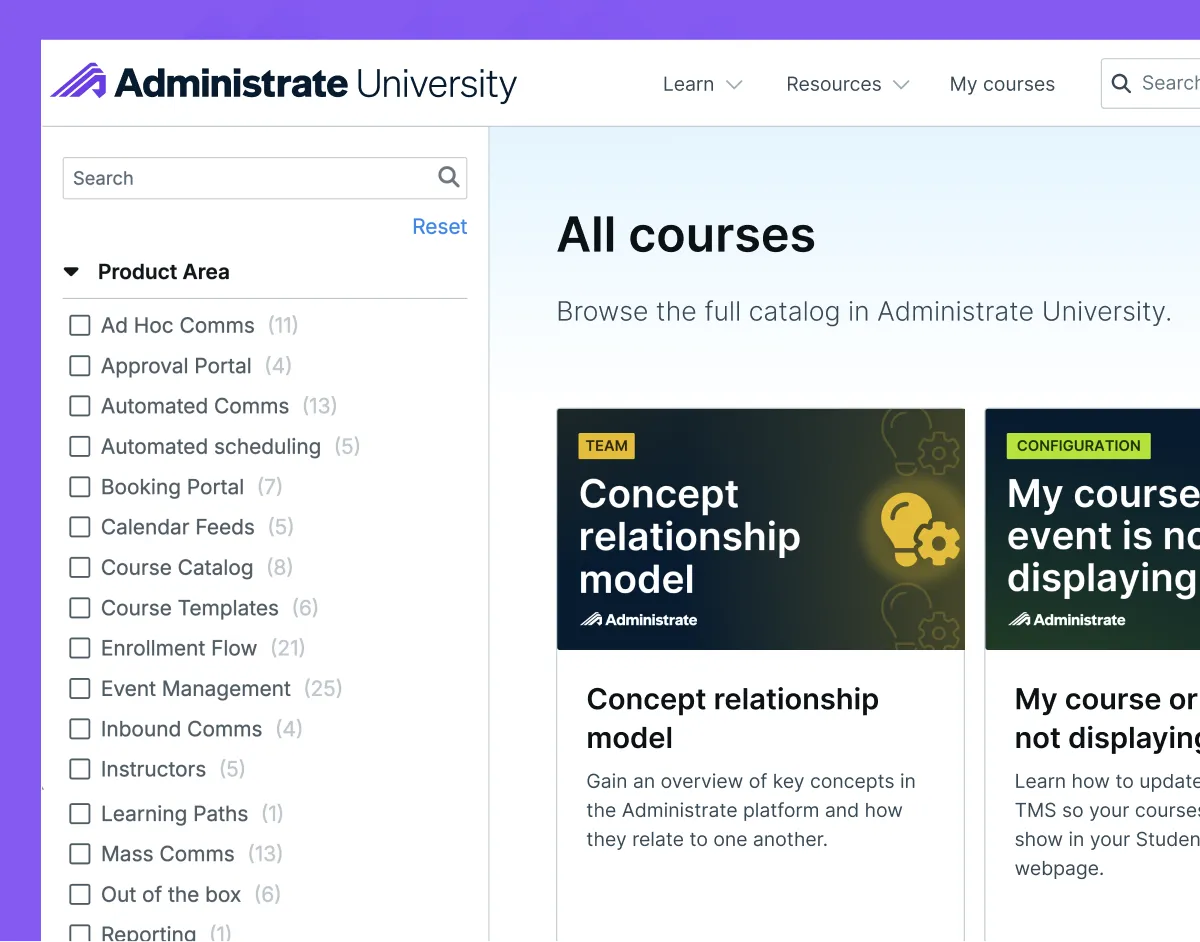 The Administrate University All courses catalog, with course cards and filters by product area.