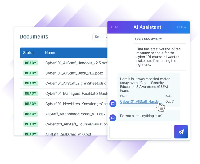 AI Assistant in Administrate answering a request for the latest version of a course handout, with a link to the file, beside a list of training documents.