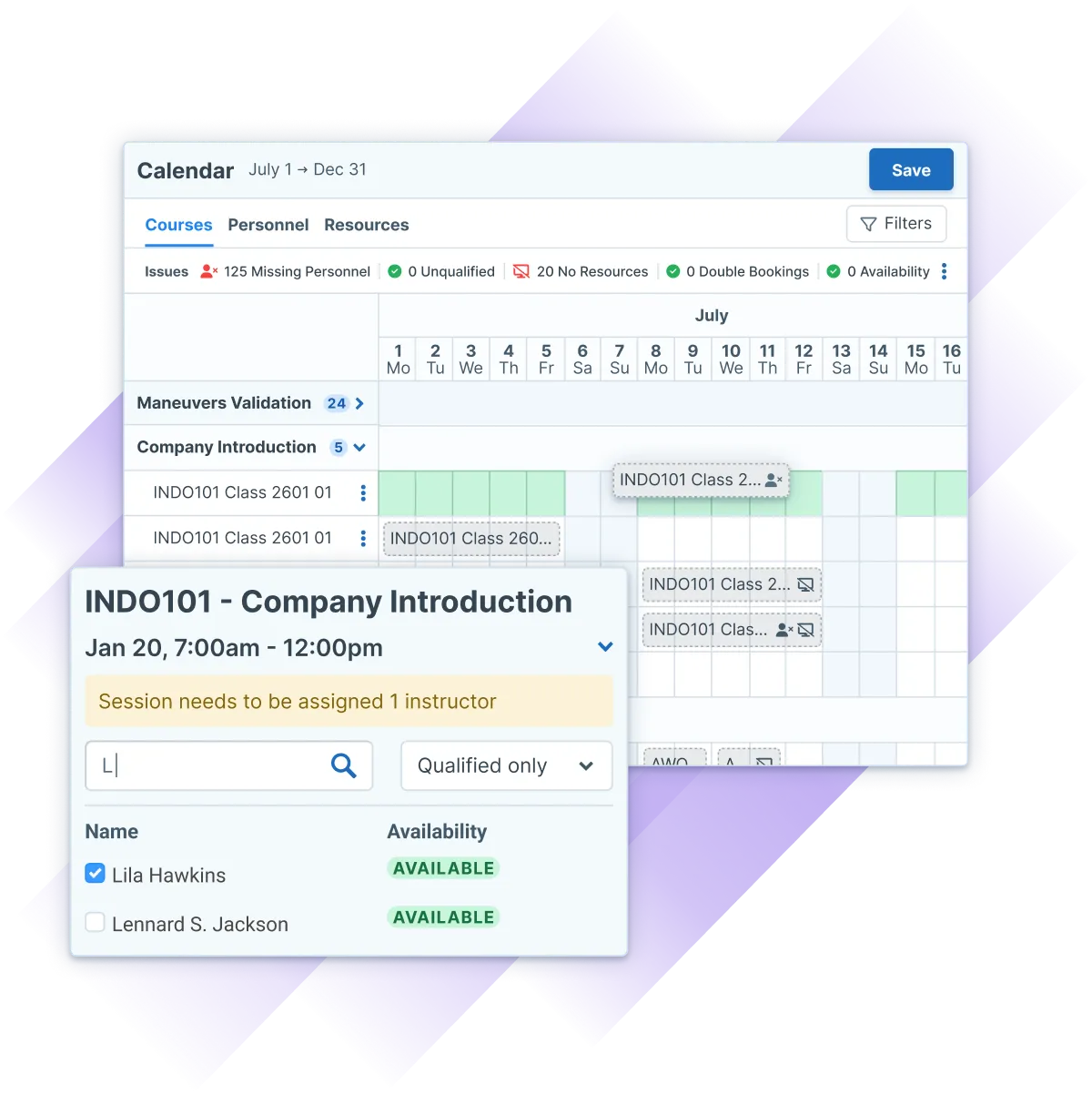 The Administrate Calendar: a month of course sessions on a planning canvas, an issue bar counting missing personnel and resources, and a session’s panel offering qualified, available instructors.