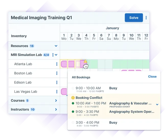 Illustration of a Medical Imaging Training Q1 schedule in Administrate's Scheduler, showing resource and room assignments for MRI Simulation Labs in January. The schedule lists four labs: Atlanta, Boston, Edison, and Las Vegas, with a conflict warning in Boston Lab on January 5th. A hand cursor is dragging an assignment within the schedule and the interface is showing where there are already conflicts. At the same time, calendar information is overlaid with an image of the instructor who has the conflict and his calendar showing that he is out of office on the original day, but free on the second day.