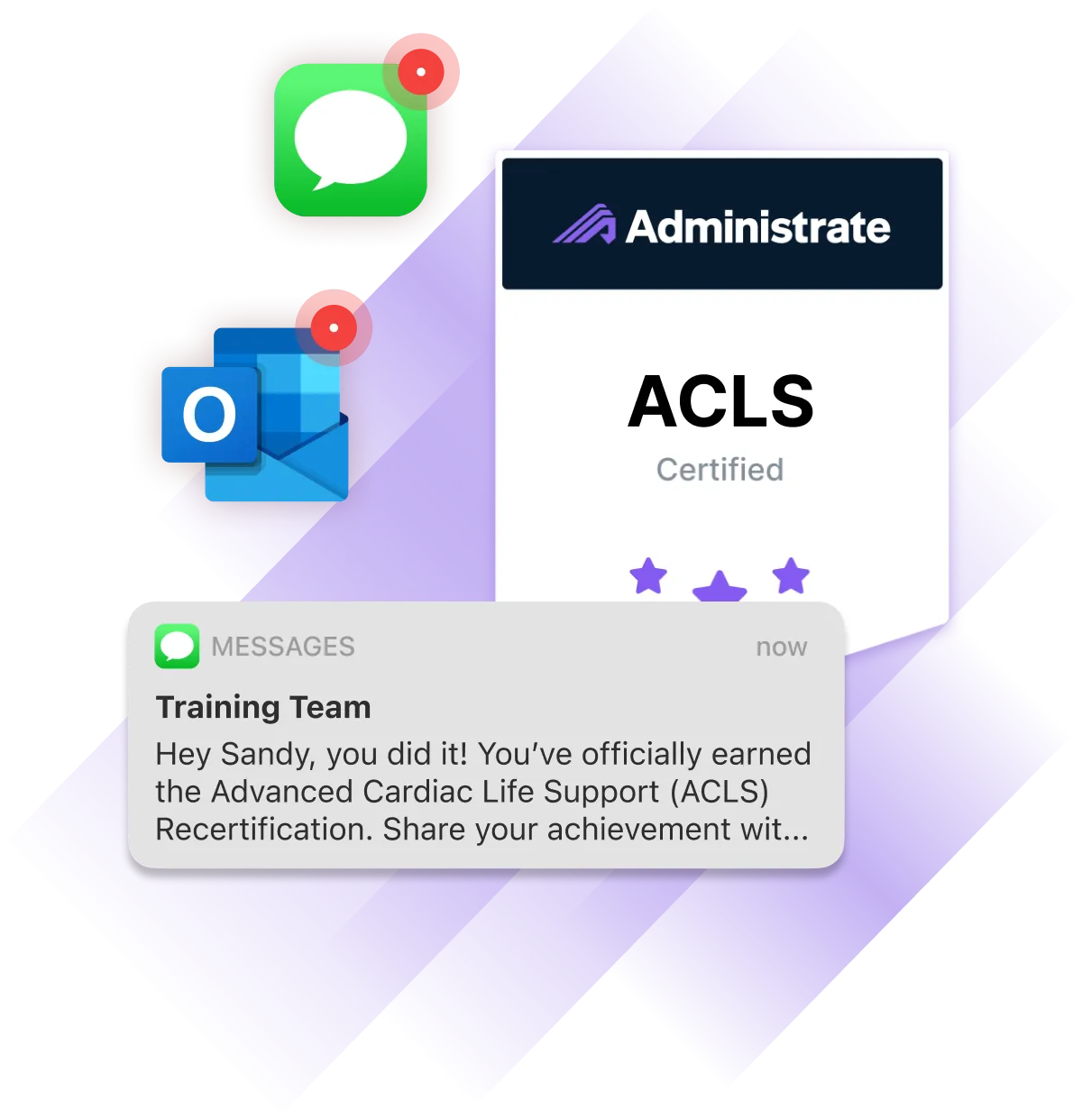 An ACLS certified badge from Administrate, with a text message congratulating the learner on earning their recertification