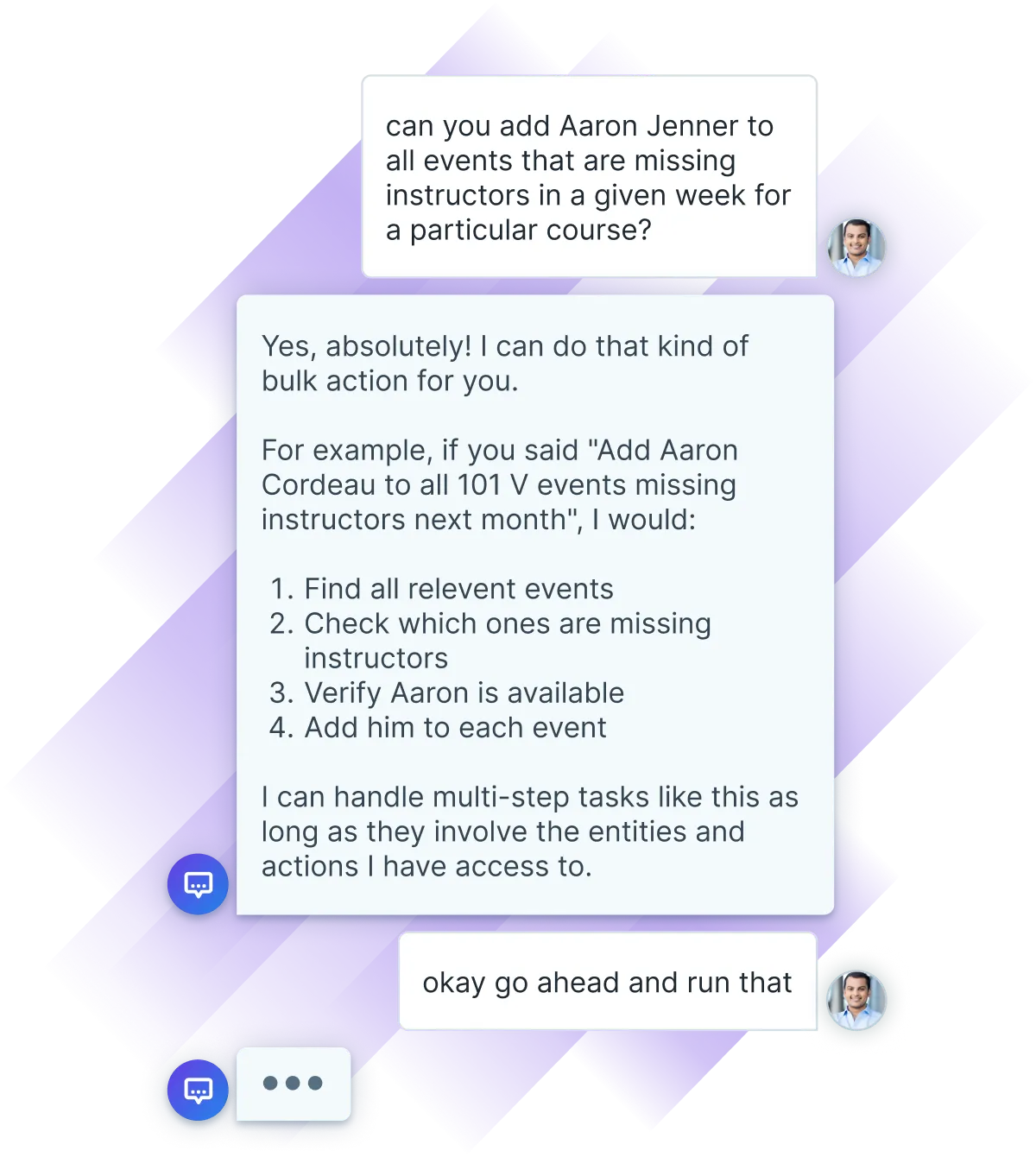 Chat with Administrate's AI Assistant that shows a user asking about the capabilities for the AI.