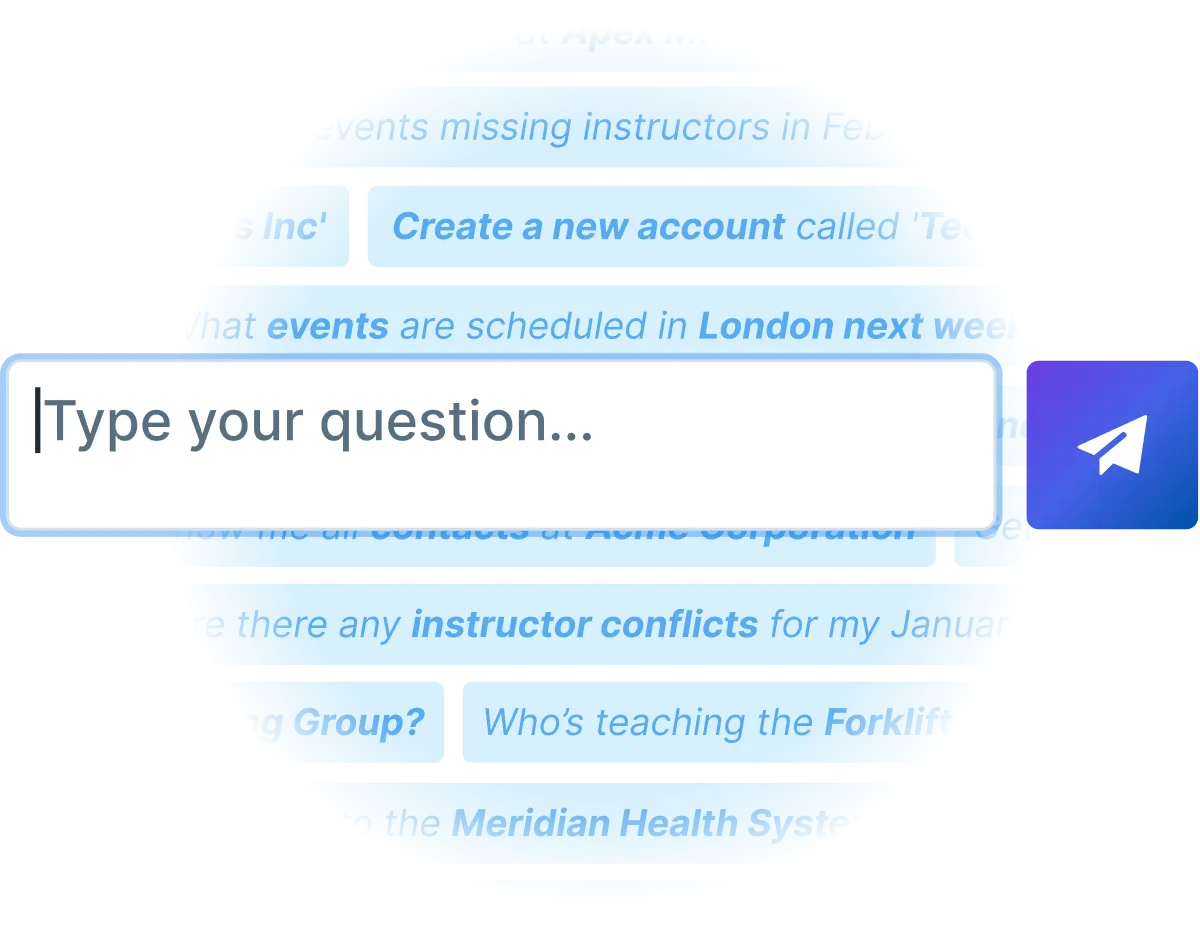 Text input box for users to type questions, with overlays of various inquiries related to scheduling events and instructor conflicts.