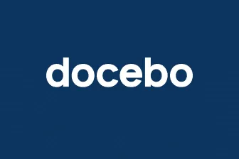 Docebo logo in white text on a dark blue background.
