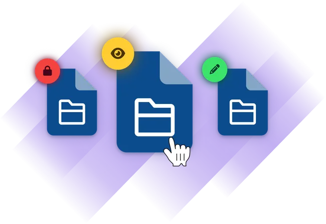 Illustration of three document folders with locked, view-only, and edit permission badges.