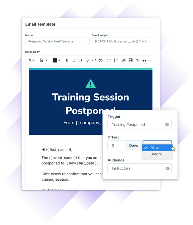 Email template editor in Administrate shown with the trigger settings for the automated email send on session postponement action.