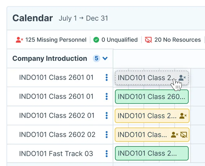 User looking at the Administrate Calendar view and hovering over a course in order to drag it to a new location.
