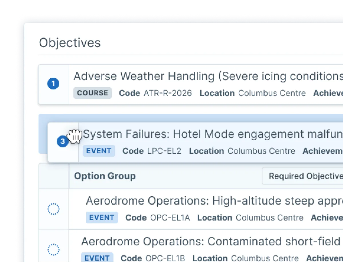 User drag and dropping one of the objectives in a learning path for pilot compliance training.
