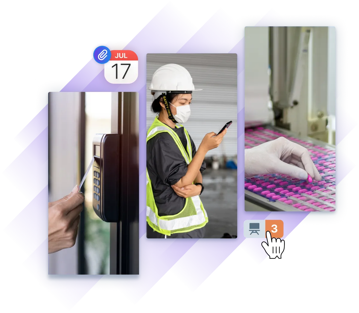 Images of workers in controlled environments highlight scheduling, facility access, and manufacturing precision, with digital training reminders overlaid.