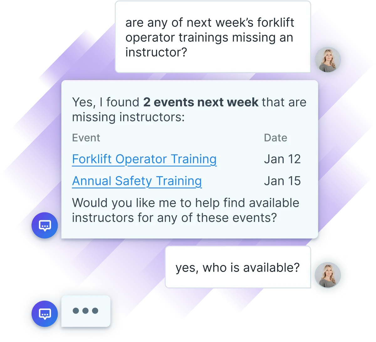 Chat interface in Administrate between the user and AI Assistant. The chat shows the user asking if any of the next week's trainings are missing an instructor, and the AI Assistant gives a table that displays two events with issues, asking whether the user wants them resolved.