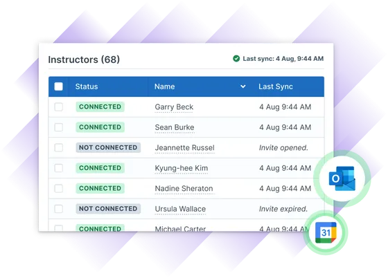 Illustration of Administrate's UI for listing instructors with their connection statuses, names, and last synchronization status.
