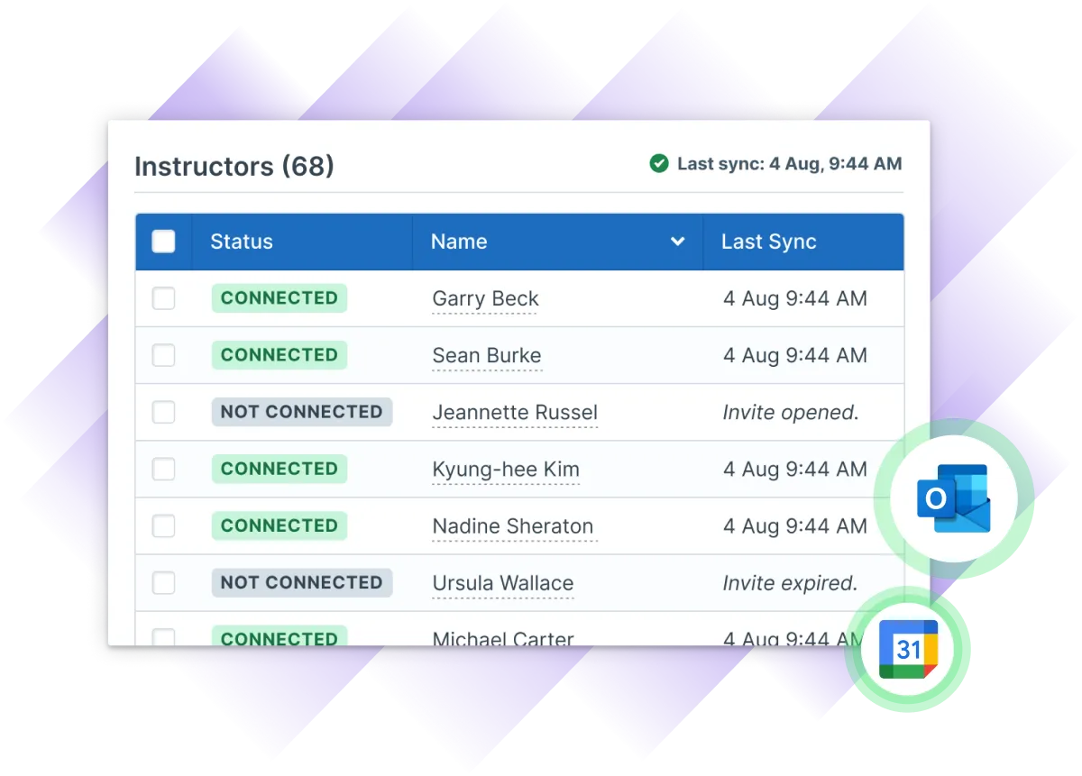 Illustration of Administrate's UI for listing instructors with their connection statuses, names, and last synchronization status.