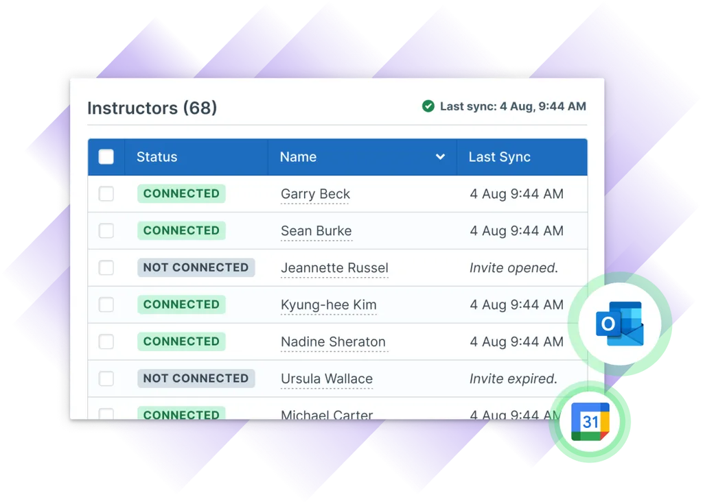 Illustration of Administrate’s UI for listing instructors with their connection statuses, names, and last synchronization status.