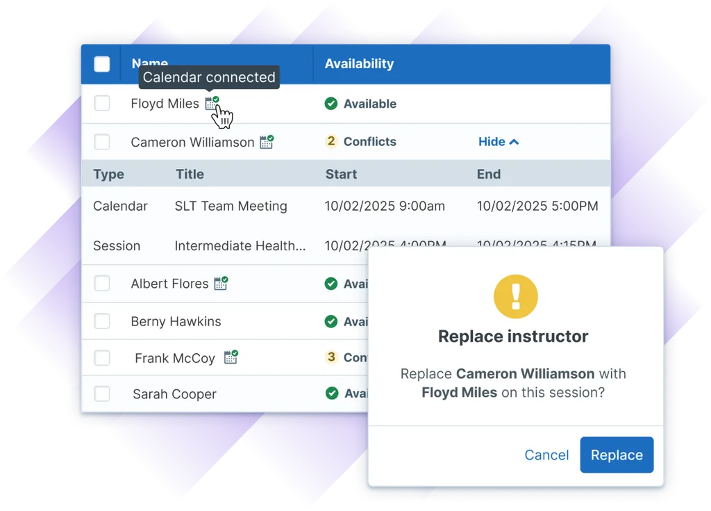 Administrate interface illustration showing displaying a list of instructors, their availability, and a prompt to replace one instructor with another.