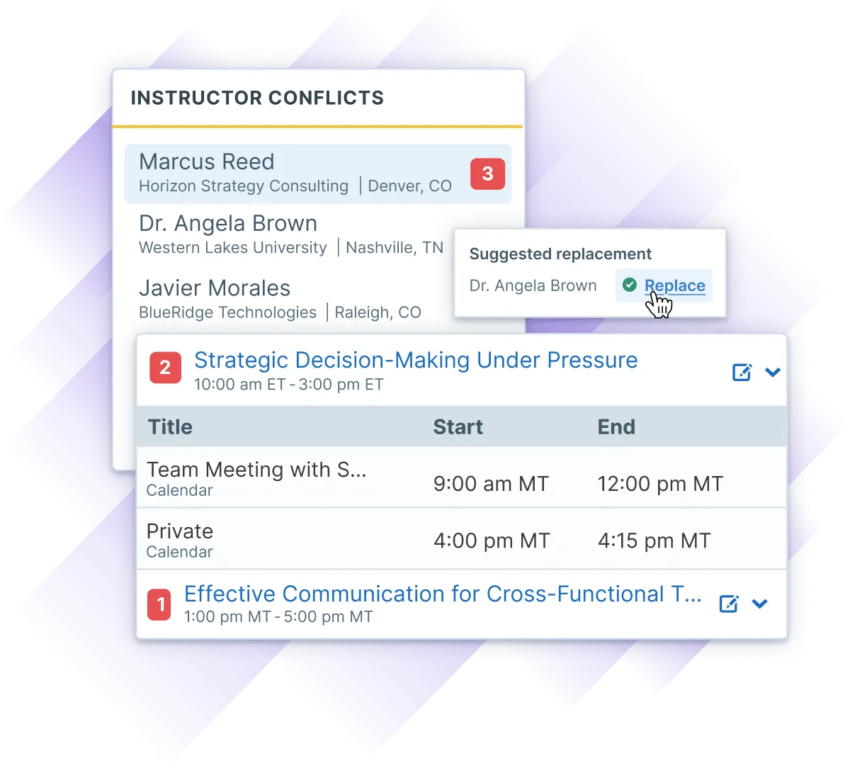 Instructor conflicts display with suggested replacements for HR training sessions.