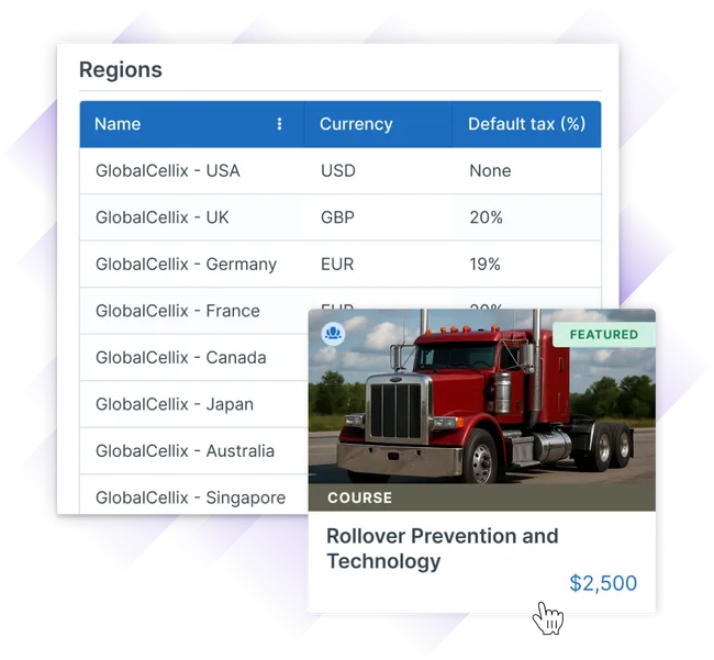 Image description showing a table listing regions with their corresponding currencies and default tax percentages, alongside a featured course advertisement titled 'Rollover Prevention and Technology' with a price of $2,500 and an image of a red truck.