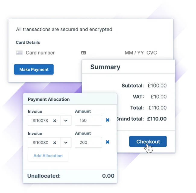 Image depicting a payment interface with secured card details, a summary of transaction costs, and options for payment allocation and checkout.
