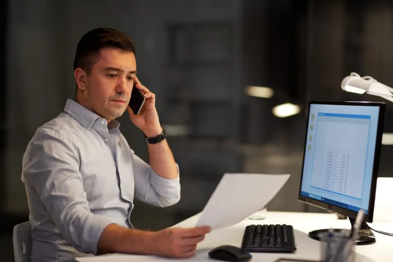L&D professional working late on the phone while putting together a revised training plan for a major hospital.