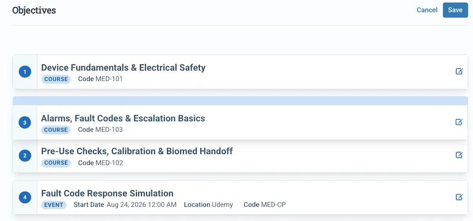 Screenshot showing drag and drop ordering in Administrate’s Learning Paths feature.