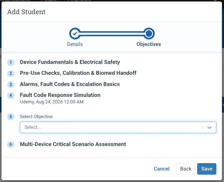 Screenshot showing new registration and progress views in Administrate’s Learning Paths feature.