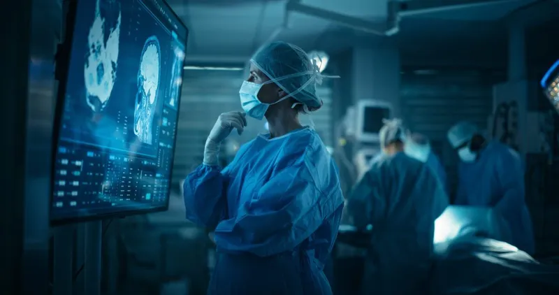 Medical doctor in surgery reviewing a brain scan thoughtfully while colleagues work behind her.