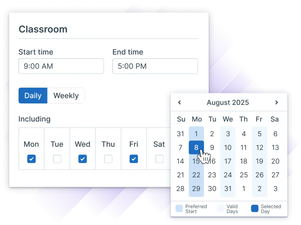 Administrate interface showing Course Templates options to set preferred schedules, including start and end times and specific days. These preferences are then seamlessly carried over into the event creation date-picker.