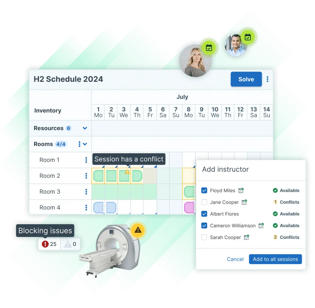 Administrate Scheduler UI elements such as issue highlights, the add instructor modal, and session conflict alerts.