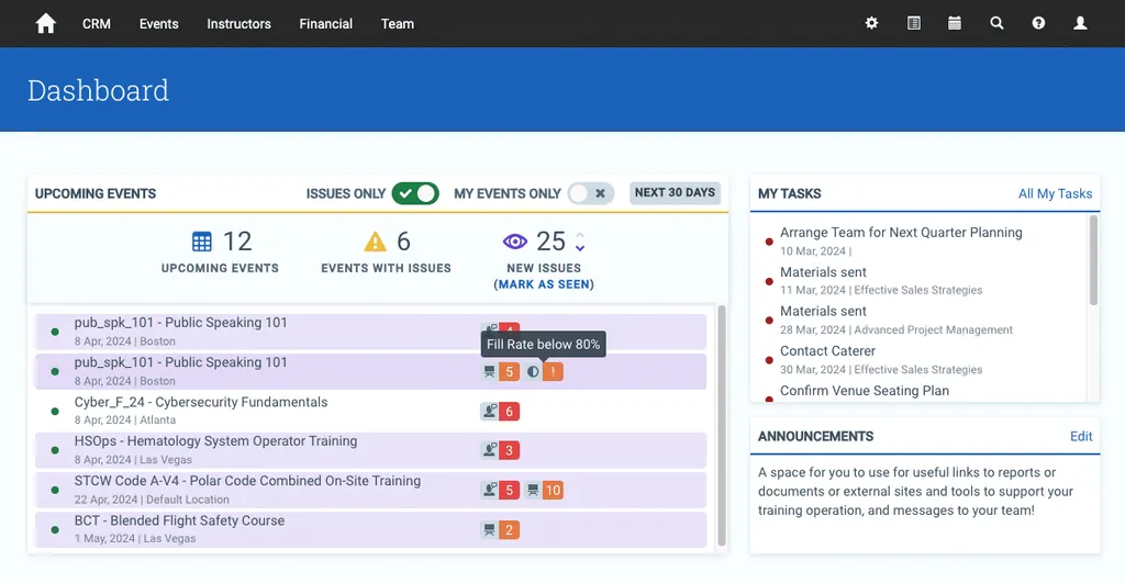 Screenshot of Administrate’s dashboard showing a course with a fill rate below the set target.