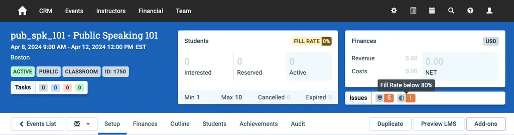 A screenshot of an event header in Administrate showing a fill rate that is below the target rate.
