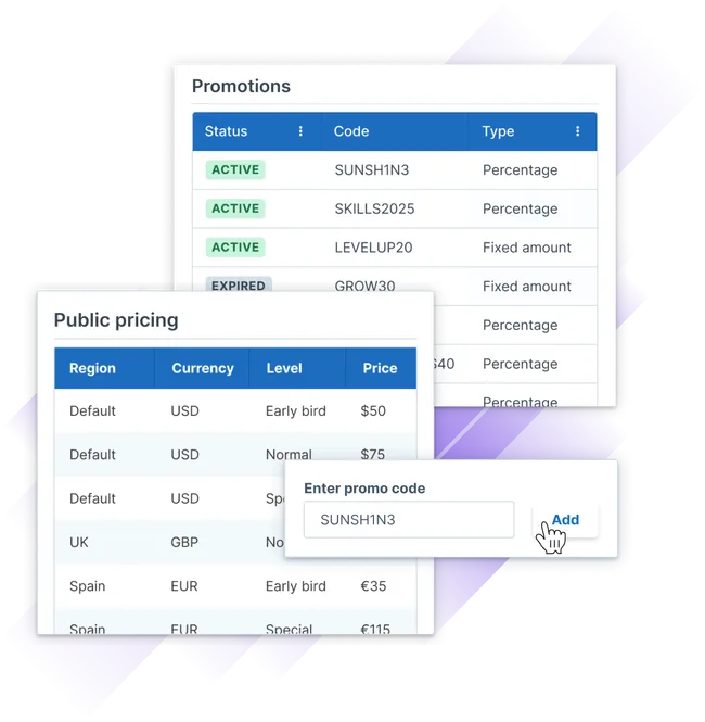 Image of a promotional codes interface in Administrate, displaying various statuses and options for entering a promo code.