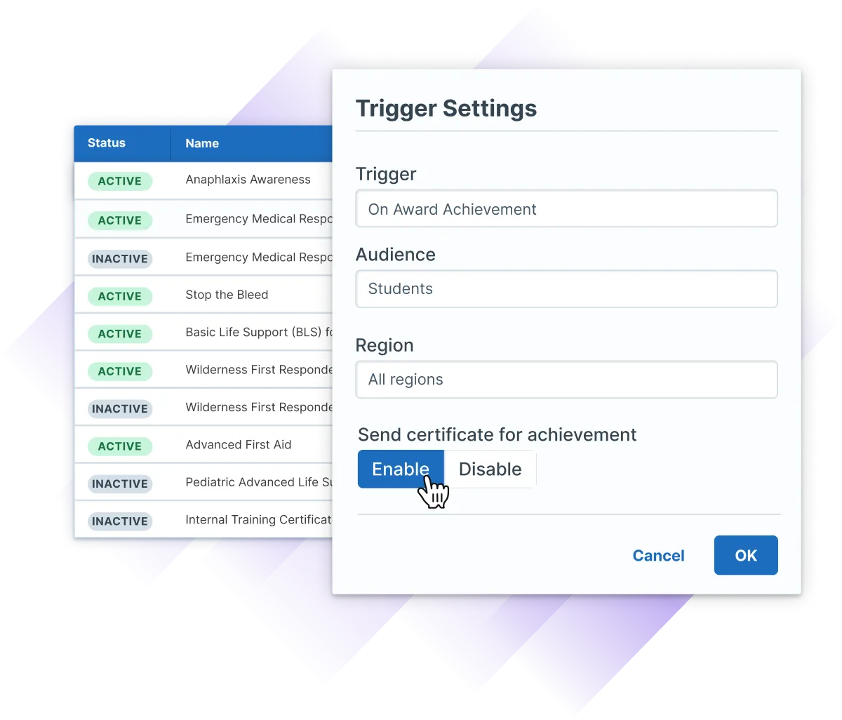 Administrate trigger settings that send students their certificate when an achievement is awarded, beside a list of active and inactive achievements