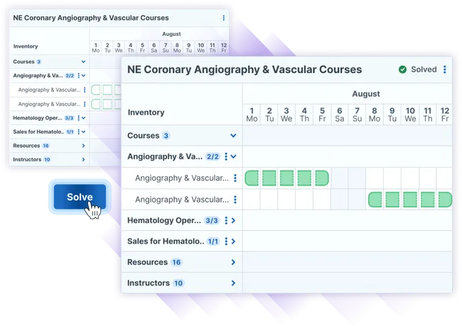 Illustration of Administrate's Scheduler solving a schedule for NE Coronary Angiography & Vascular courses. The image demonstrates a user clicking the 'Solve' button and receiving a fully solved plan. The interface displays various courses, resources, and instructors.