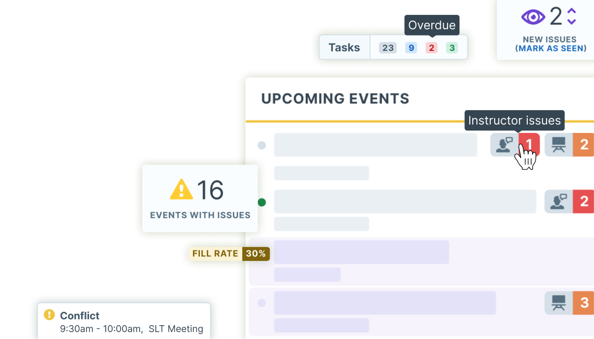 Screenshots of the issues and alerts dashboard in Administrate showing conflicts with upcoming events.
