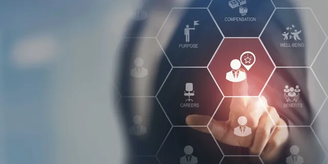 A blurred figure in a suit touches a glowing hexagonal interface labeled with employee terms including compensation, well-being, careers, and purpose.