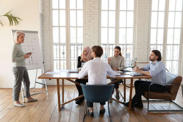 Business meeting in a modern loft office with a woman presenting at a whiteboard to four seated colleagues, including a person wearing a pink hijab.