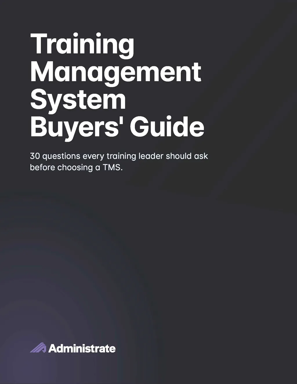Training Management System Buyers' Guide cover image with Administrate logo on a dark grey and black background.