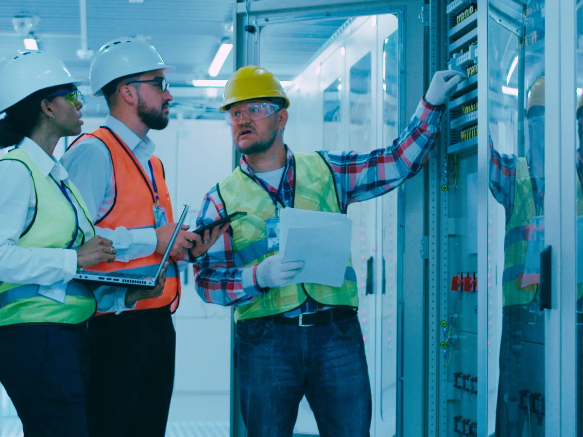 Manual workers in hardhats discuss their training