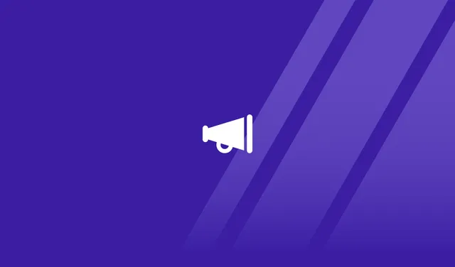 White megaphone icon on a purple gradient striped background.