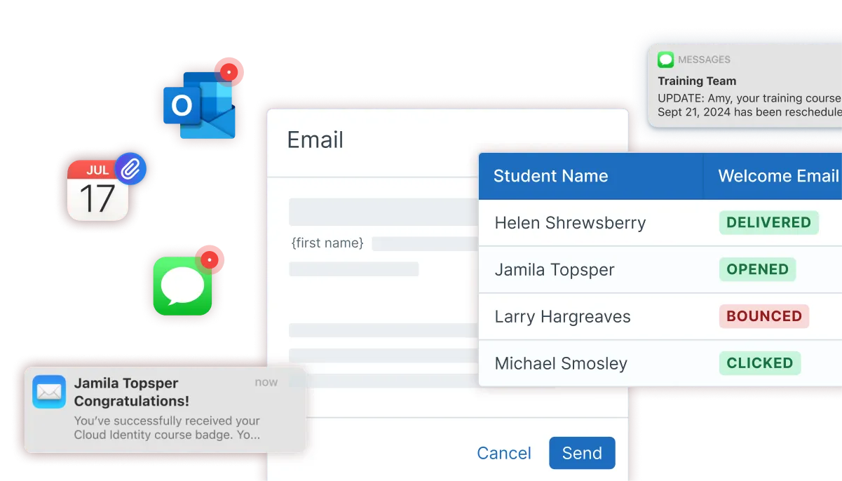 Screenshots of messaging windows and panels in Administrate showing email triggers, email notifications, and SMS messages automated with Administrate.