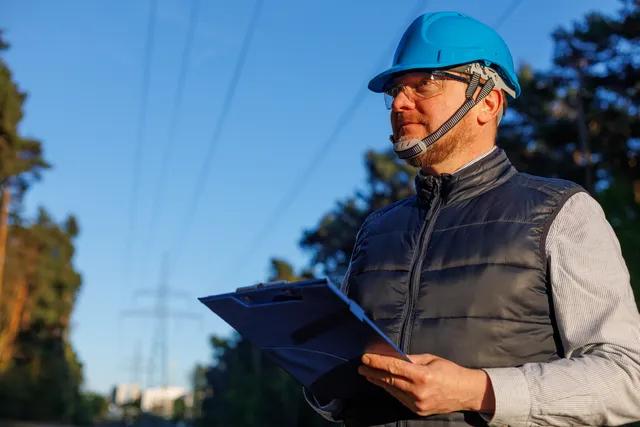 A worker in a blue hard hat, safety glasses, and quilted vest holds a clipboard outdoors with electrical transmission lines and pine trees in the background.