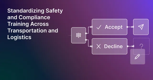 Guide cover for Standardizing Safety and Compliance Training Across Transportation and Logistics, with an approval workflow of Accept and Decline steps.