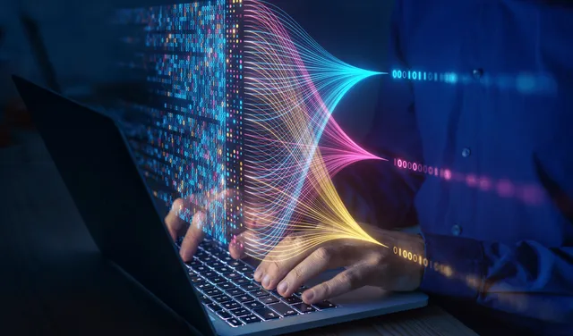 Graphic showing 0s and 1s in an array connected by streams of light, representing disconnected training data being organized.