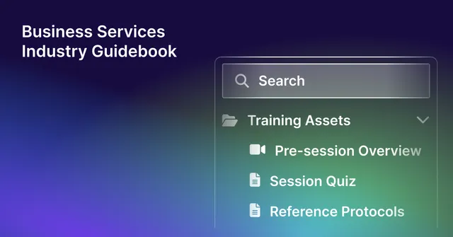 Guide cover for the Business Services Industry Guidebook, with a searchable Training Assets folder holding a pre-session overview, session quiz and reference protocols.