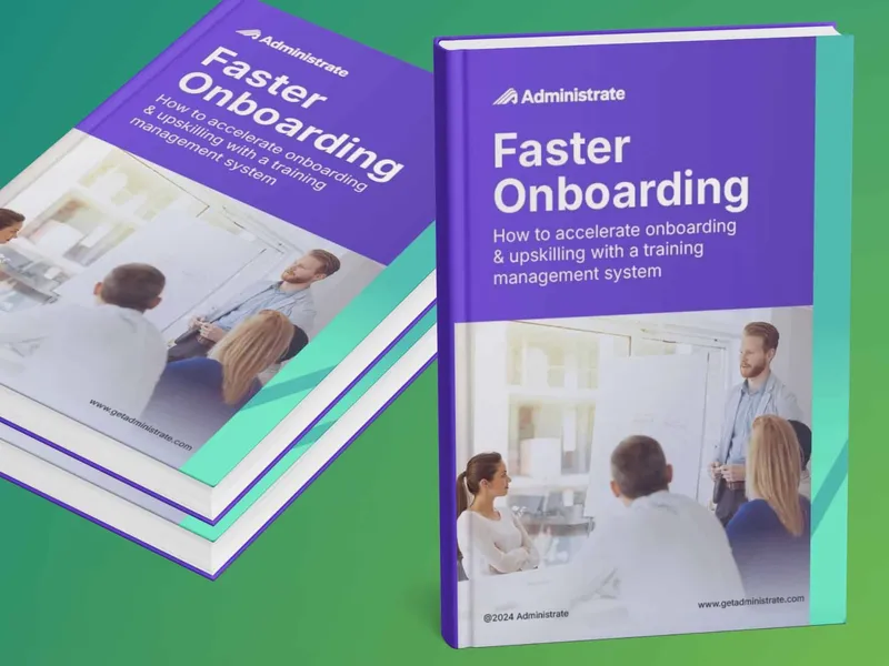 Two copies of the Administrate Faster Onboarding guide displayed against a teal background, showing the cover with diverse professionals.