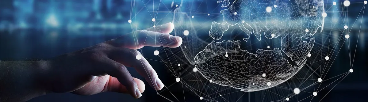 A hand reaches toward a glowing wireframe globe surrounded by a network of dots and connecting lines on a dark background.